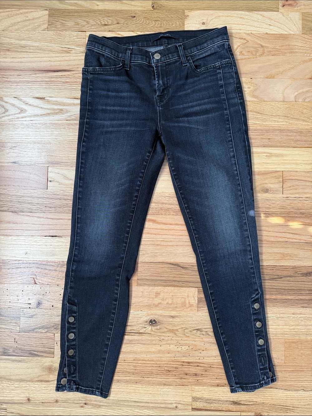 J Brand Black Washed Skinny Jeans with Button-Hem